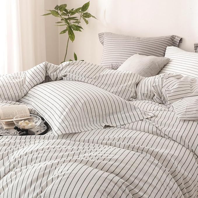 Stripe Duvet Cover Super Queen Size 98inch x 90inch, 100% Washed Cotton Linen Feel Duvet Cover with Zipper Closure and 2 Pillowcases, Color of White-Dark Grey Stripe