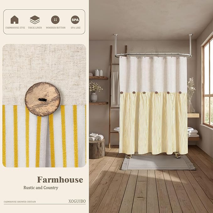 Farmhouse Shower Curtain Linen Button Woven Fabric Country Rustic Western, Pleated Yellow Stripe 72" W x 72" L