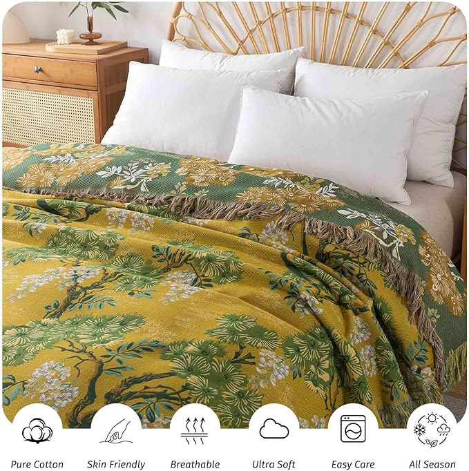 Qidordour Boho Throw Blanket, 60"x80" Muslin Blankets, 100% Organic Cotton Blanket for Couch Sofa, Lightweight Quilt with Tassel, All Season Bed Throw, Farmhouse Home Decor, A-Sophora Flower