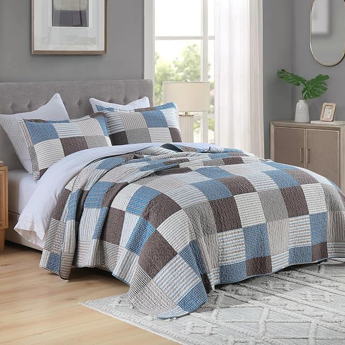 Uniclinens Plaid Quilt Set King Size, 100% Cotton Patchwork Quilt Bedding Set Bedspreads, Farmhouse Lightweight Comforter Quilted Quilt, 3 Pieces Set with 2 Pillowshams, Blue/Brown/White