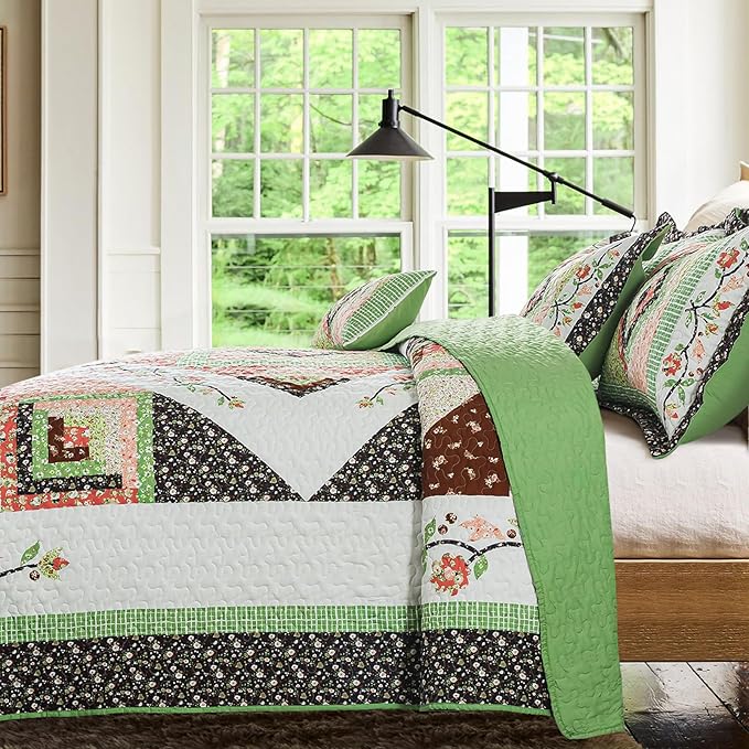 BEDIFANY Queen Size Quilt Set - Lightweight Cotton Filling Bedspread Queen Size (90 x 98 Inch) Coverlet Set - Floral Queen Quilt Bedding Sets for Bed Decorations - All Seasons, 3 Pieces - Green