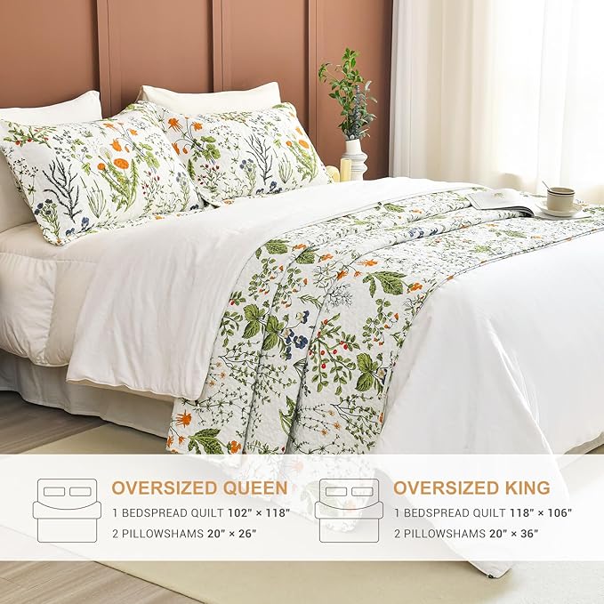 Lady Ann 100% Cotton Floral Oversized Queen Quilt Set - Yellow Flowers & Leaves Pattern Plant Botanical Printed Quilted 102x118 Bedspread & Coverlet Set, 3 PCS Lightweight Bedding Sets All Season