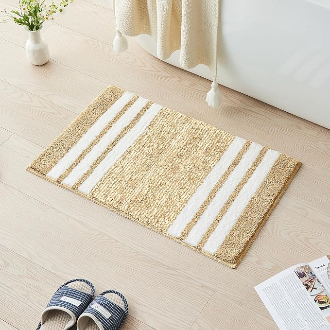 CozeCube Bath mats for Bathroom Non Slip, Fluffy Absorbent Microfiber Bath mat Washable, Aesthetic Bathroom Rugs, Large Beige Striped Bath mat, Beige, 36" x 24"