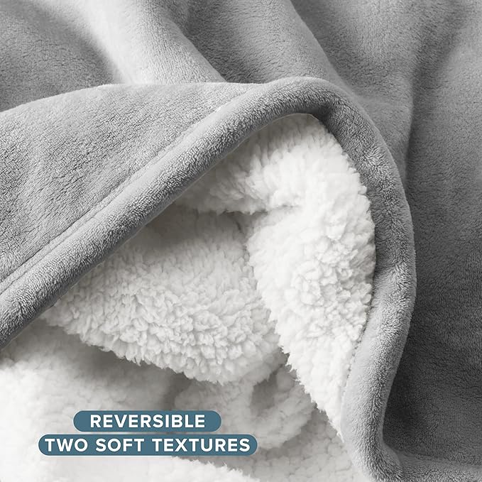 Bare Home Sherpa Fleece Blanket - Full/Queen Size - Blanket for Bed, Sofa, and Couch - Warm & Lightweight - Fluffy & Soft - Reversible (Full/Queen, Light Grey)