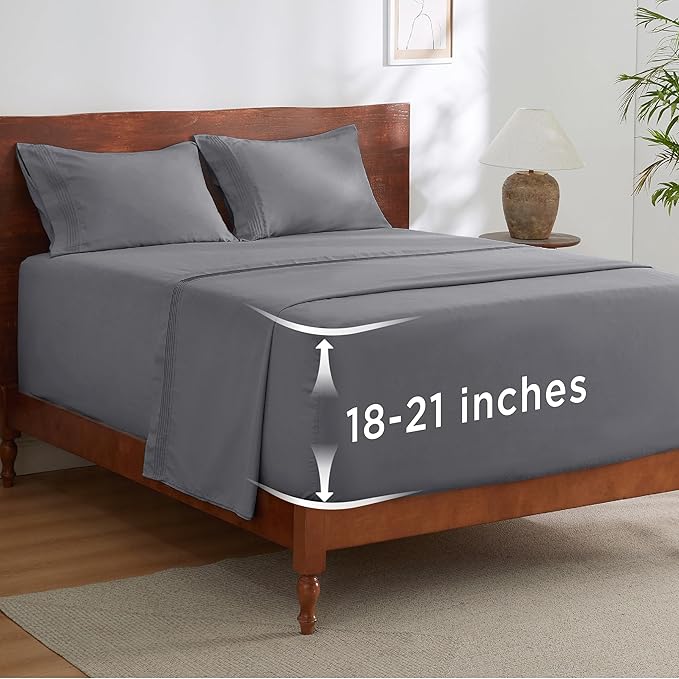 Bedsure Deep Pocket Queen Sheets Set - Fits Mattresses Up to 21 Inches Thick - 4 Piece GentleSoft Bed Sheets, Moisture Wicking, Soft & Cooling Bedsheet & Pillowcases, Easy & Secure Fit, Grey