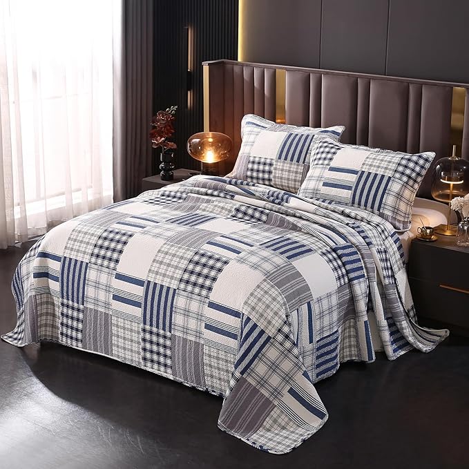 vctops Cotton Quilted Patchwork Quilt Set Queen Size Farmhouse Blue Plaid Bedspreads Coverlet 3 Pieces Summer Lightweight 1 Quilt and 2 Pillow Shams for All Season (Plaid B,Queen)