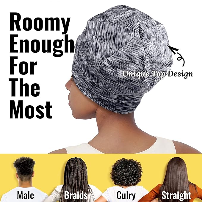 Satin Lined Sleep Cap Bonnet for Curly Hair and Braids, Stay On All Night Hair Wrap with Adjustable Strap for Women and Men, Grey and Black Leopard, Pack of 2