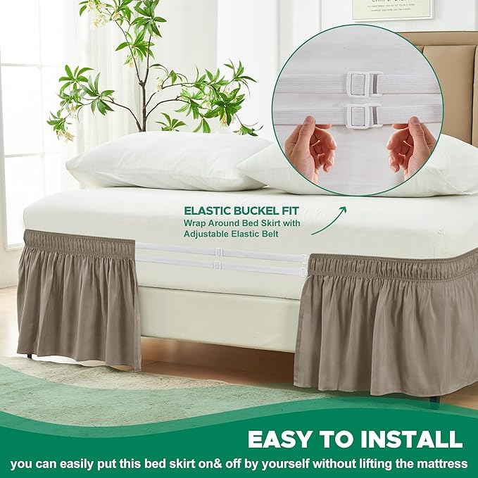 Biscaynebay Wrap Around Bed Skirts for Twin & Twin XL Beds Short Drop of 12", Taupe Adjustable Elastic Dust Ruffles Easy Fit Wrinkle Resistant Silky Luxurious Fabric Machine Washable