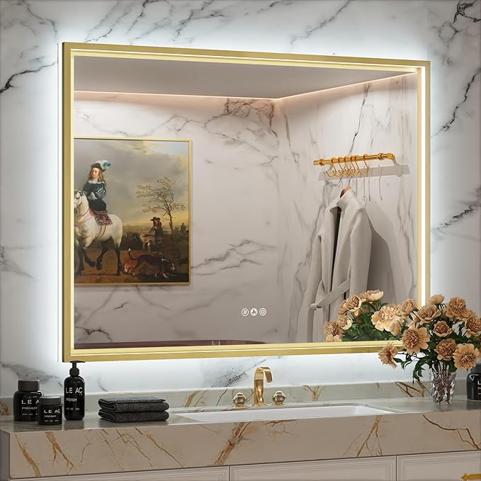 40x30 Inch Gold LED Bathroom Mirror with Front and Back Lights, Adjustable 3000K/4500K/6000K, Framed Lighted Bathroom Vanity Mirror, Dimmable, Anti-Fog, Horizontal/Vertical