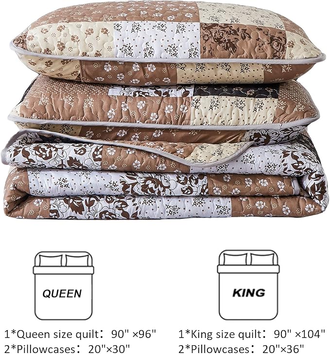 Mybedsoul Patchwork Quilt Set Queen Size,3 Pieces Brown Floral Plaid Patchwork Reversible Bedspread Coverlet Set for All Season,Summer Soft Microfiber Bedding Set Queen 90"x96"