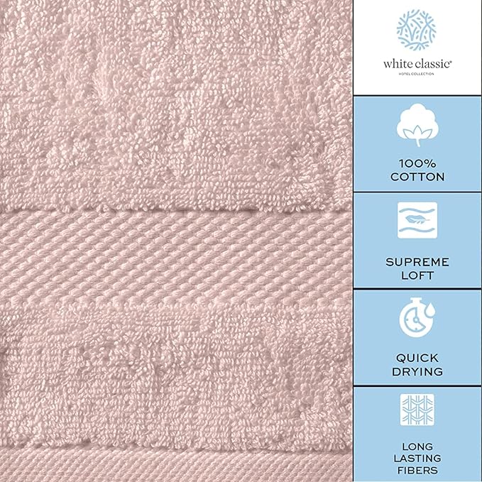 White Classic Luxury Cotton Washcloths 13x13 Inch - 650 GSM Turkish Cotton | Hotel, Spa, Bathroom Face Towel | 12 Pack, Pink