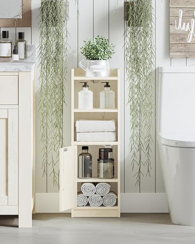 Bathroom Storage Cabinet, Small Farmhouse Corner Floor Cabinet with Door and Shelves, Narrow Toilet Paper Holder Stand, Bathroom Organizer with Adjustable Shelf, for Small Spaces,Rustic White