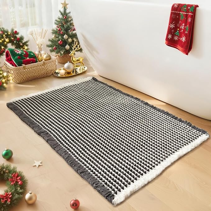 Waffle Bath Mat - Boho Bathroom Rugs Non Slip Washable, Super Absorbent & Quick Dry, Small Bath Mats Farmhouse Bathroom Decor, 18'' x 30'', Dark Grey and White