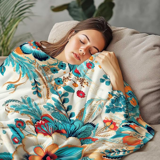 Floral Throw Blanket, Wild Flowers Blanket Gift for Women and Men, Lightweight Teal and Turquoise Fleece for Home Decor, Machine Washable, 50x60 Inches