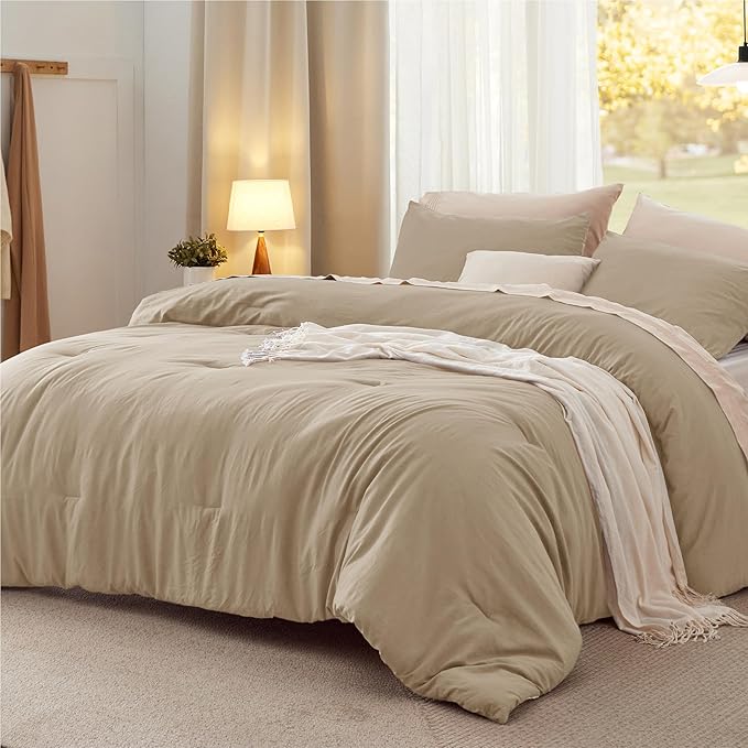 Bedsure Oversized Queen Size Comforter Set, Khaki Soft Prewashed Bedding for All Seasons, 3 Pieces GentleSoft™ Down Alternative Bed Set, 1 Lightweight Comforter (98"x98") and 2 Pillowcases (20"x26")