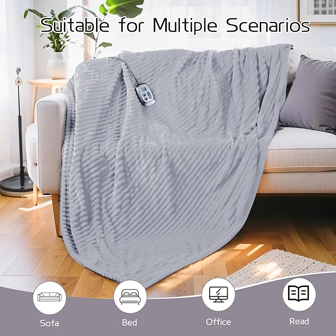Electric Heated Blanket Full-Size 72x84 Inch - Ultra Soft Silky Flannel with Ribbed Texture, 10 Heating Levels and 12 Hours Auto-Off Feature - Light Gray