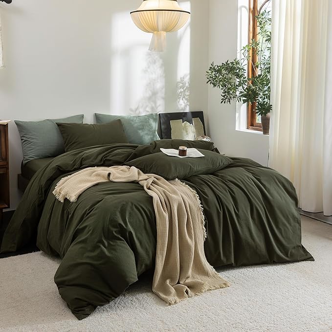 FOSSA Duvet Cover Set 100% Washed Cotton Linen Feel Super Soft Breathable Cozy 3 Pieces Bedding Sets Solid Olive Green Super King