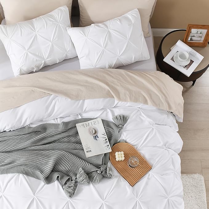 Litanika White Queen Pinch Pleat Duvet Cover, 3 Pieces Pintuck Cover Soft Microfiber Bedding Set with Zipper Closure & Corner Ties(90x90Inch-1 Duvet Cover, 2 Pillowcases)