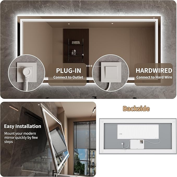 Bathroom Mirror with Lights 28"X60" with Front Light and Backlit, Tempered Glass, Wall Mount Horizontal/Vertical, Stepless Dimmable, 3 Colors, Anti Fog, Bathroom Memory LED Mirror