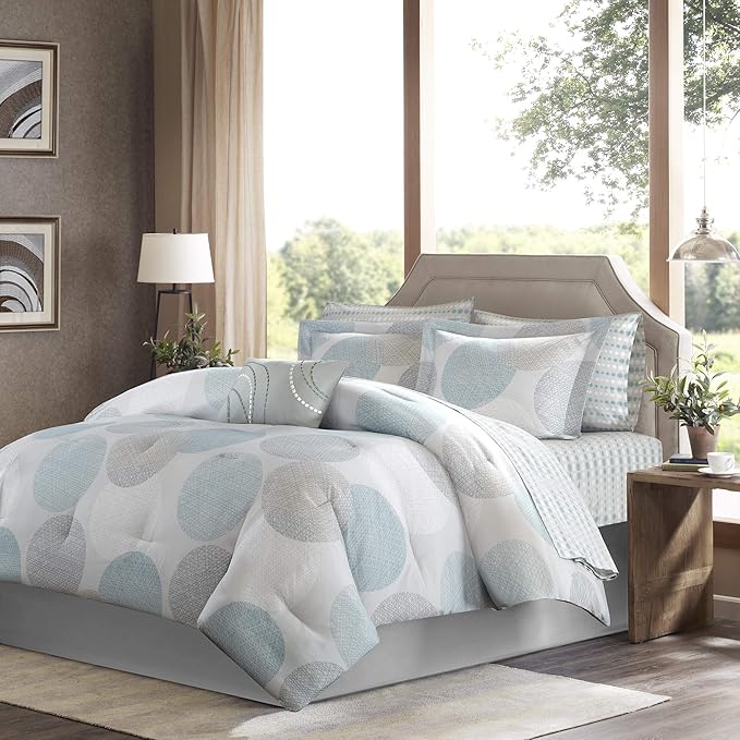 Madison Park Essentials Bed in a Bag Comforter, Vibrant Color Design All Season Down Alternative Cover with Complete Cotton Sheet Set, Twin(68"x86"), Knowles, Circular Aqua, 7 Piece