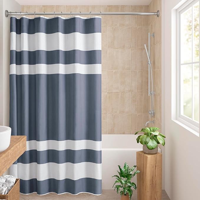 Madison Park Shower Curtain Spa Waffle Weave Long Shower Curtain for Bathroom 3M Scotchgard Moisture Management, Spa Quality Modern Shower Curtains for Bathroom, Long: 72x78 Indigo Blue