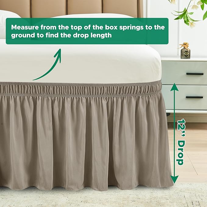 Biscaynebay Wrap Around Bed Skirts for Twin & Twin XL Beds Short Drop of 12", Taupe Adjustable Elastic Dust Ruffles Easy Fit Wrinkle Resistant Silky Luxurious Fabric Machine Washable