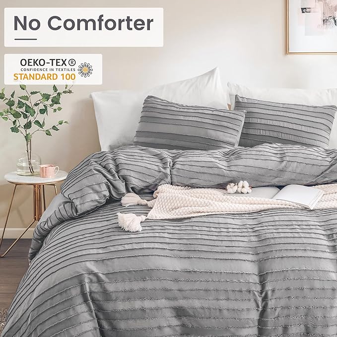 NEXHOME PRO California King Duvet Cover, Grey 3 Pieces Boho Tufted Duvet Cover Set, Soft and Lightweight Microfiber Comforter Cover Set for All Season (Grey Cal King, 104 x 98)-No Comforter