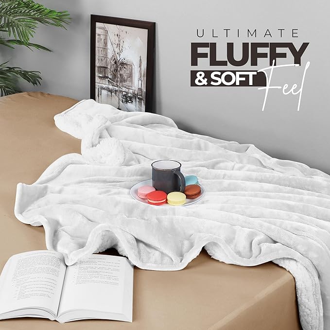 Utopia Bedding Sherpa Blanket Queen Size (White, 90x90 Inches) - Soft Plush Fleece Reversible Blanket for Bed, Sofa, Couch, Camping and Travel