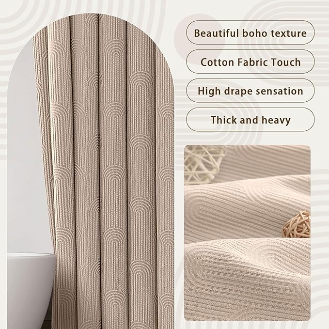 Awellife Boho Shower Curtains for Bathroom Cotton Fabric Touch Beige Bohemian Mid Century Minimalist Arch 72" L X 72" W