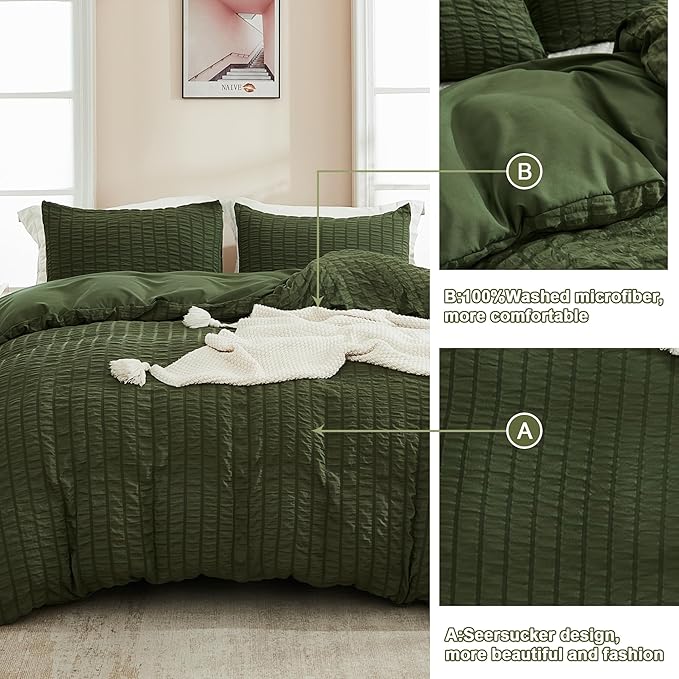 AveLom Dark Olive Green Seersucker Duvet Cover Set Queen (90 x 90 inches), 3 Pieces (1 Duvet Cover + 2 Pillowcases), Ultra Soft Washed Microfiber, Textured Duvet Cover with Zipper Closure, Corner Ties