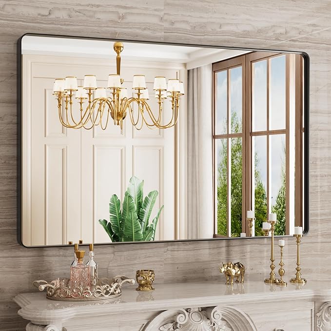48X30 Inch Black Bathroom Mirror, Black Metal Framed Mirror for Wall, Rounded Rectangle Matte Bathroom Vanity Mirror with Tempered Glass, Anti-Rust, Horizontal/Vertical