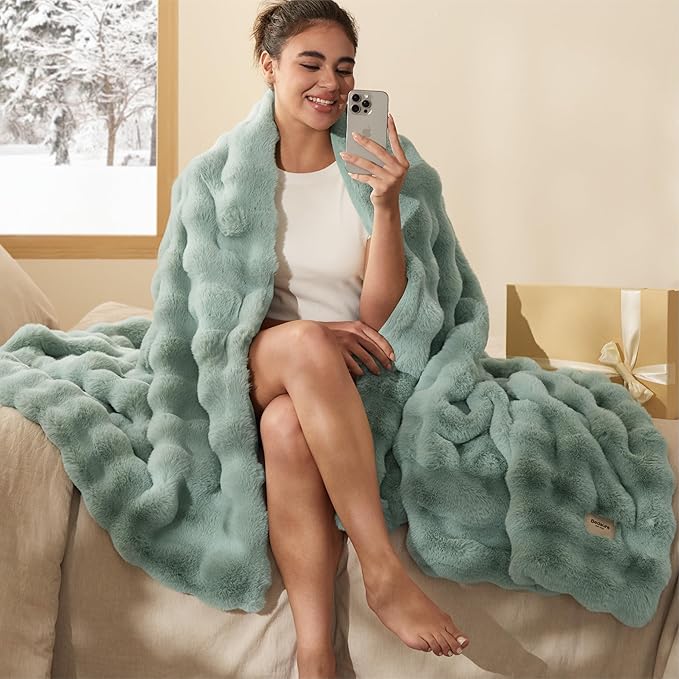 Bedsure GentleSoft Fluffy Faux Fur Throw Blanket, Fuzzy Soft Bubble Blanket for Couch, Faux Fur Decor for Home Bedroom Living Room, Thick Furry Cozy Gifts for Women, Sage Green, 50x60 Inch