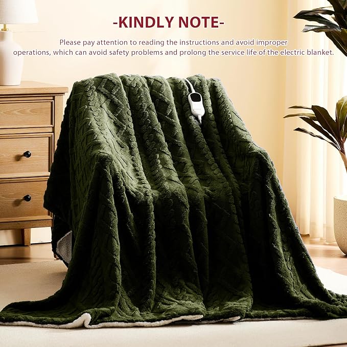 Heated Electric Blanket King Size-100"x90" Heating Blanket with 10 Heating Levels & 5 Time Settings Over-Heat Protection，Winter Warmer for Adults with ETL Certification（Green）