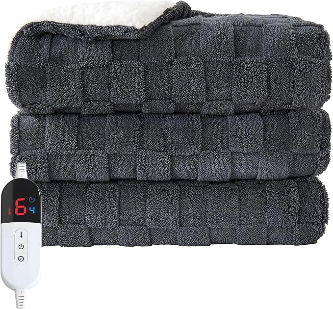 Electric Heated Throw Blanket - Jacquard Checkered Sherpa 50"x60" Fast Heating Bed Blankets with 6 Heating Levels & 4 Hours Auto Off, Over-Heat Protection ETL, Dark Gray