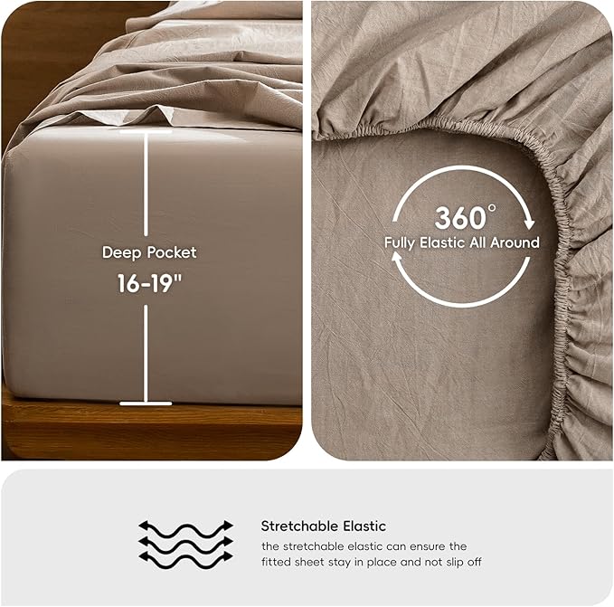 MooMee Bedding Sheet Set 100% Washed Cotton Linen Like Textured Breathable Durable Soft Comfy (Heathered Taupe, King)