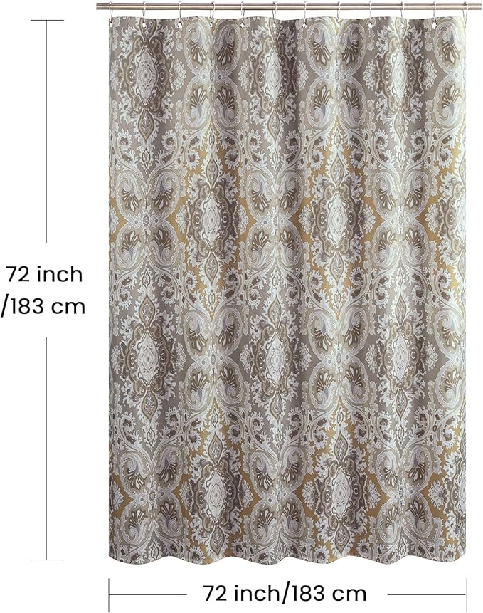 Fabric Shower Curtain, Beige and Grey Printed Boho Paisley Damask Pattern Shower Curtains for Bathroom, Waterproof Bathroom Curtains, 72" W x 72" H