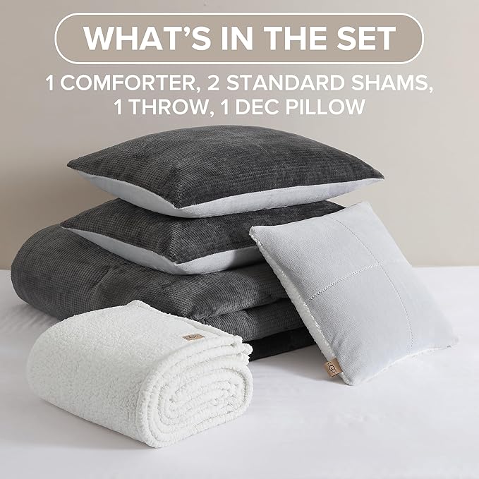 UGG Full/Queen Comforter Set 5 Piece Bed in a Bag with Throw Blanket, Decorative Pillow, Shams, Reversible Hypoallergenic Washable Luxury Warm Fluffy Bedding Set, Charcoal Grey (Remina)