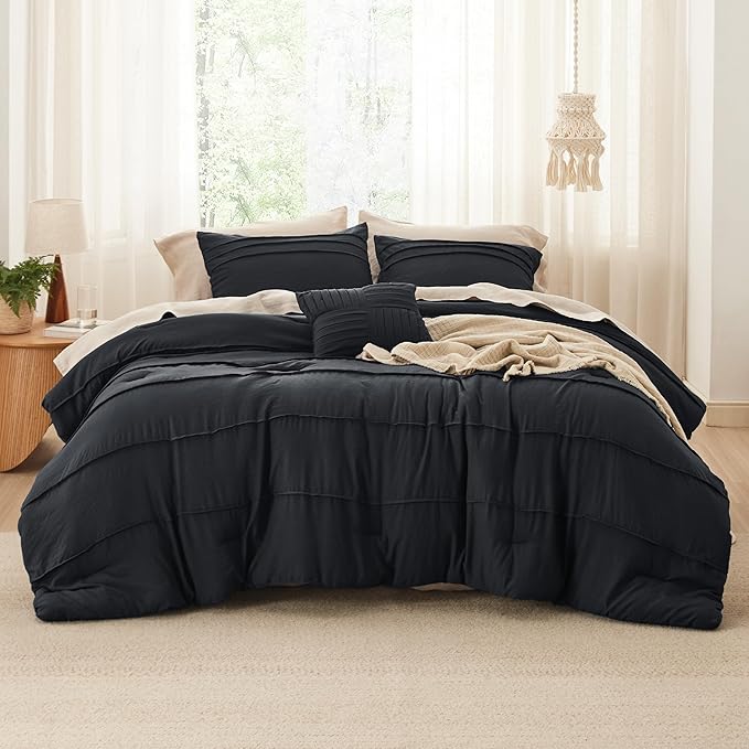 Bedsure California King Comforter Set - 4 Pieces Pinch Pleat Bed Set, Black Boho Bedding for All Season, 1 Soft Comforter, 2 Pillowcases, 1 Decorative Pillow