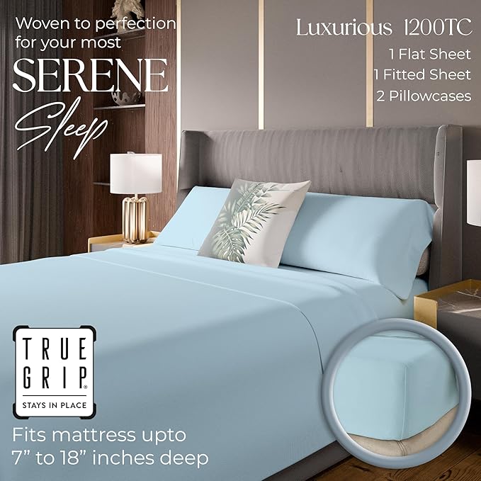 1200 Thread Count Cotton Rich Full Bluish Gray Sheets Set, Ultra Soft & Silky Luxury Sateen Bed Sheet, Moisture Wicking & Wrinkle Resistant (1 Flat Sheet, 1 Fitted Sheet & 2 Pillowcases)