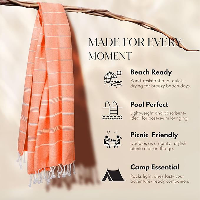 Native Fab Turkish Beach Towels 4 Pack, Oversized 40"x71", Quick Dry, Sand Free, Lightweight, Absorbent, Multipurpose Travel & Pool Towels - Orange, Mustard Yellow, Aqua Green, Turquoise Blue