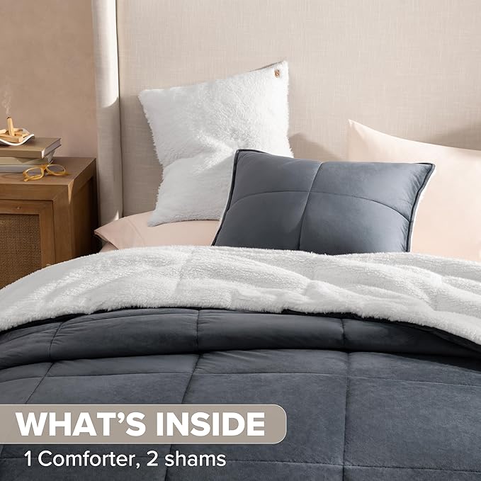 UGG Blissful Full/Queen Comforter Set with 2 Pillow Shams Reversible White Comforter Plush Fluffy Warm Bed Set Premium Down Alternative Bedding for College Dorm Essentials, Full/Queen, Blue Imperial