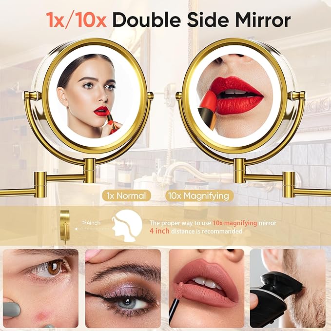 GURUN Wall Mounted Hardwired Makeup Mirror with 3 Tones Dimmable LED Lights 10x Magnifying Mirror with Touch Control for Bathroom Bedroom 13" Extendable Arm M1809DB-GJ Retro Gold