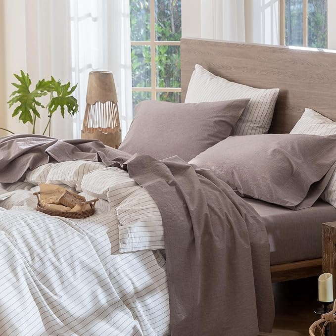 MooMee Bedding Sheet Set 100% Washed Cotton Linen Like Textured Breathable Durable Soft Comfy (Heathered Mauve Brown, California King)