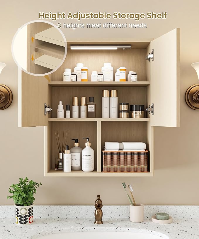 HAIOOU Fluted Bathroom Wall Cabinet with Motion Sensor Light, Curved Profile Wooden Medicine Cabinet Wall Mounted Cupboard, Wave Like Over Toilet Storage Cabinet with Buffering Hinges - Natural