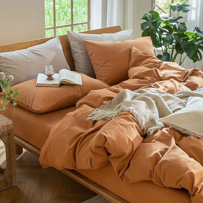 MooMee Bedding Duvet Cover Set 100% Washed Cotton Linen Like Textured Breathable Durable Soft Comfy (Solid Burnt Orange, Twin 68"x90")