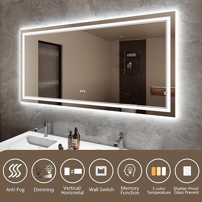 Bathroom Mirror with Lights 36"X72" with Front Light and Backlit, Tempered Glass, Wall Mount Horizontal/Vertical, Stepless Dimmable, 3 Colors, Anti Fog, Bathroom Memory LED Mirror