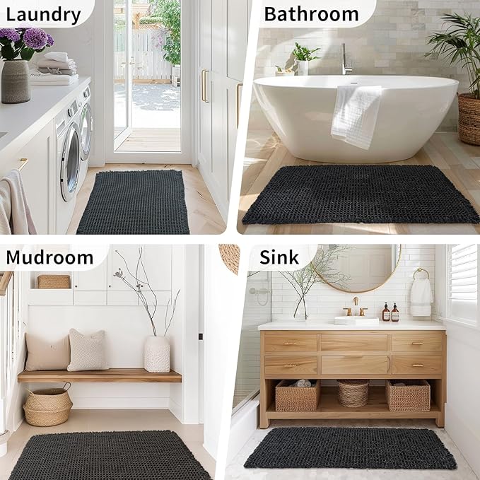 Black Bathroom Rug - Waffle Bath Mat Non Slip Washable, Super Absorbent & Quick Dry, Boho Bath Mat Farmhouse Bathroom Decor, 24'' x 48'', Black