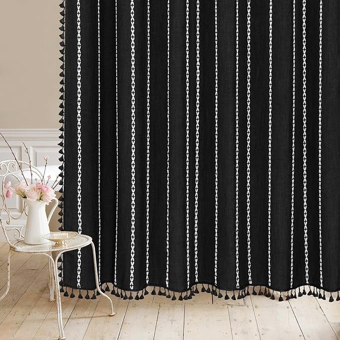 MitoVilla Boho Extra Long Shower Curtain 72 x 96, Black Modern Farmhouse 96 inch XL Polyester Linen Texture Tassel Fabric Shower Curtain Set with Hooks for Cottagecore Country Bathroom Decor,Black