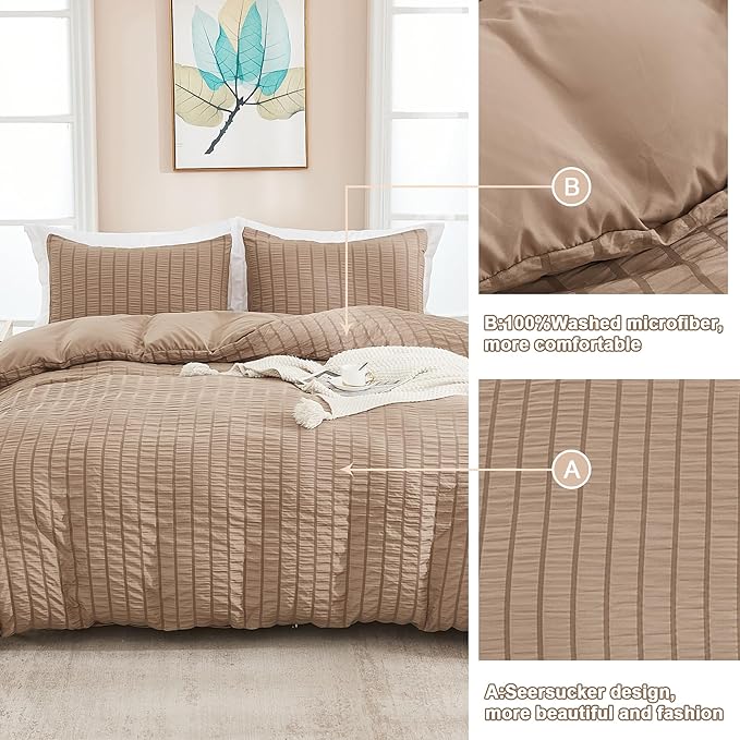 AveLom Taupe Duvet Cover Cal King(104 x 98 inches), 3 Pieces (1 Duvet Cover, 2 Pillowcases), Seersucker Striped Soft Washed Microfiber, Textured Duvet Cover Set with Zipper Closure, Corner Ties