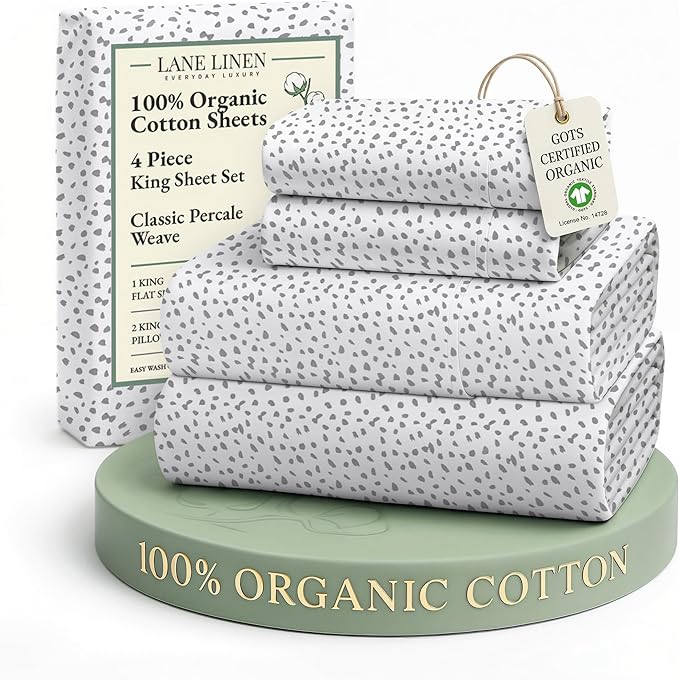 LANE LINEN 100% Organic Cotton Printed King Bed Set, All Season Crisp Percale Weave, Ultra Soft & Comfy Mercerized Cotton Bedding Sheets & Pillowcase Set King Size Printed Sheets - Haze Grey